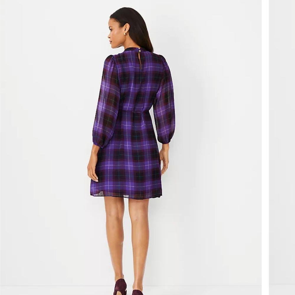 Ann Taylor Petite XXS Plaid Pintucked Belted Dress
